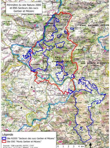 Carte du périmètre du site Natura 2000/ENS secteurs des sucs Gerbier et Mézenc