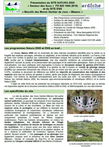Document de présentation du site Natura 2000 et ENS secteurs des sucs Gerbier/Mézenc