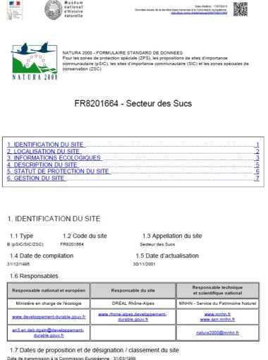 Formulaire standard de données (FSD) du site N2000 Secteurs des sucs Gerbier et Mézenc