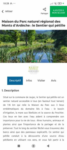 Page accueil du Sentier qui petille sur l'application Handivisites
